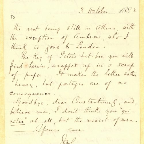 Handwritten letter by John Cavafy to C. P. Cavafy on three letterhead of R. J. Moss & Co., Alexandria. Pages 2-5 are numbered