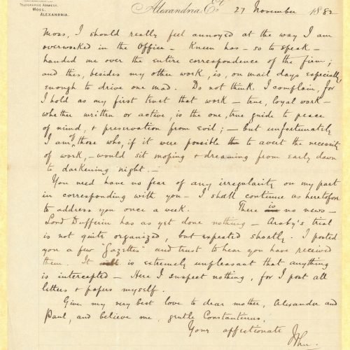 Handwritten letter by John Cavafy to C. P. Cavafy on the first and third pages of a double sheet notepaper and on the recto o