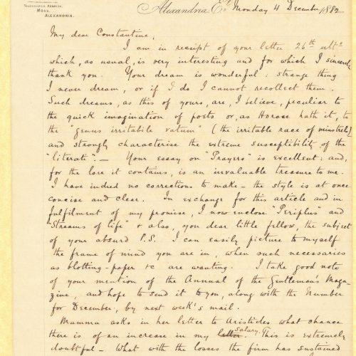 Χειρόγραφη επιστολή του Τζων Καβάφη προς τον Κ. Π. Καβάφη σε δύο τετρ�