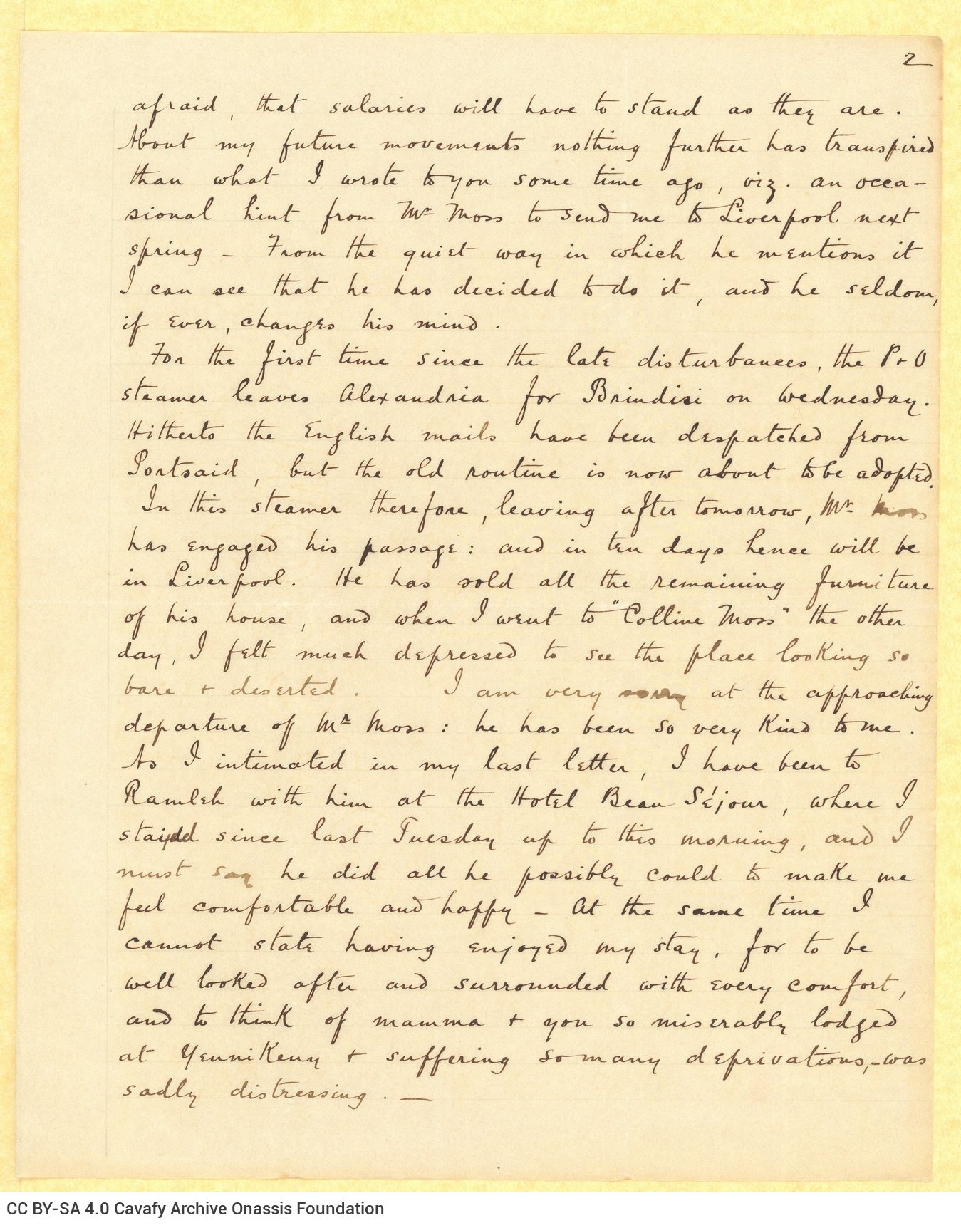 Handwritten letter by John Cavafy to C. P. Cavafy, on two double sheet letterheads of R. J. Moss & Co., Alexandria. Pages 2-5
