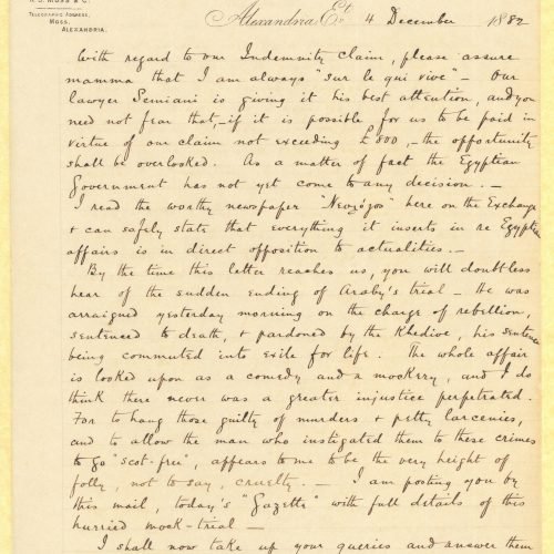Handwritten letter by John Cavafy to C. P. Cavafy, on two double sheet letterheads of R. J. Moss & Co., Alexandria. Pages 2-5