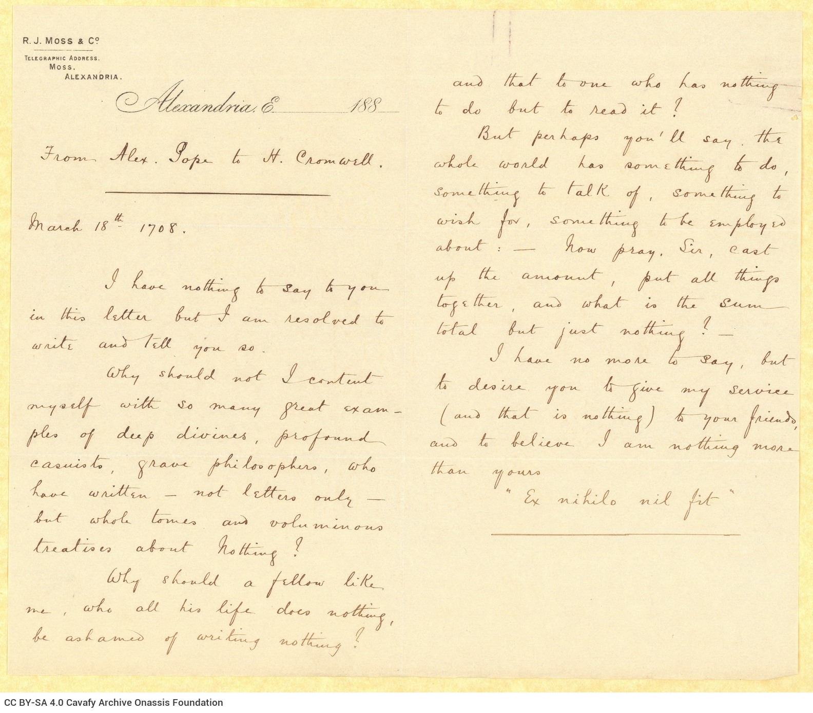Handwritten letter by John Cavafy to C. P. Cavafy on the first and third pages of two double sheet notepapers and on the rect