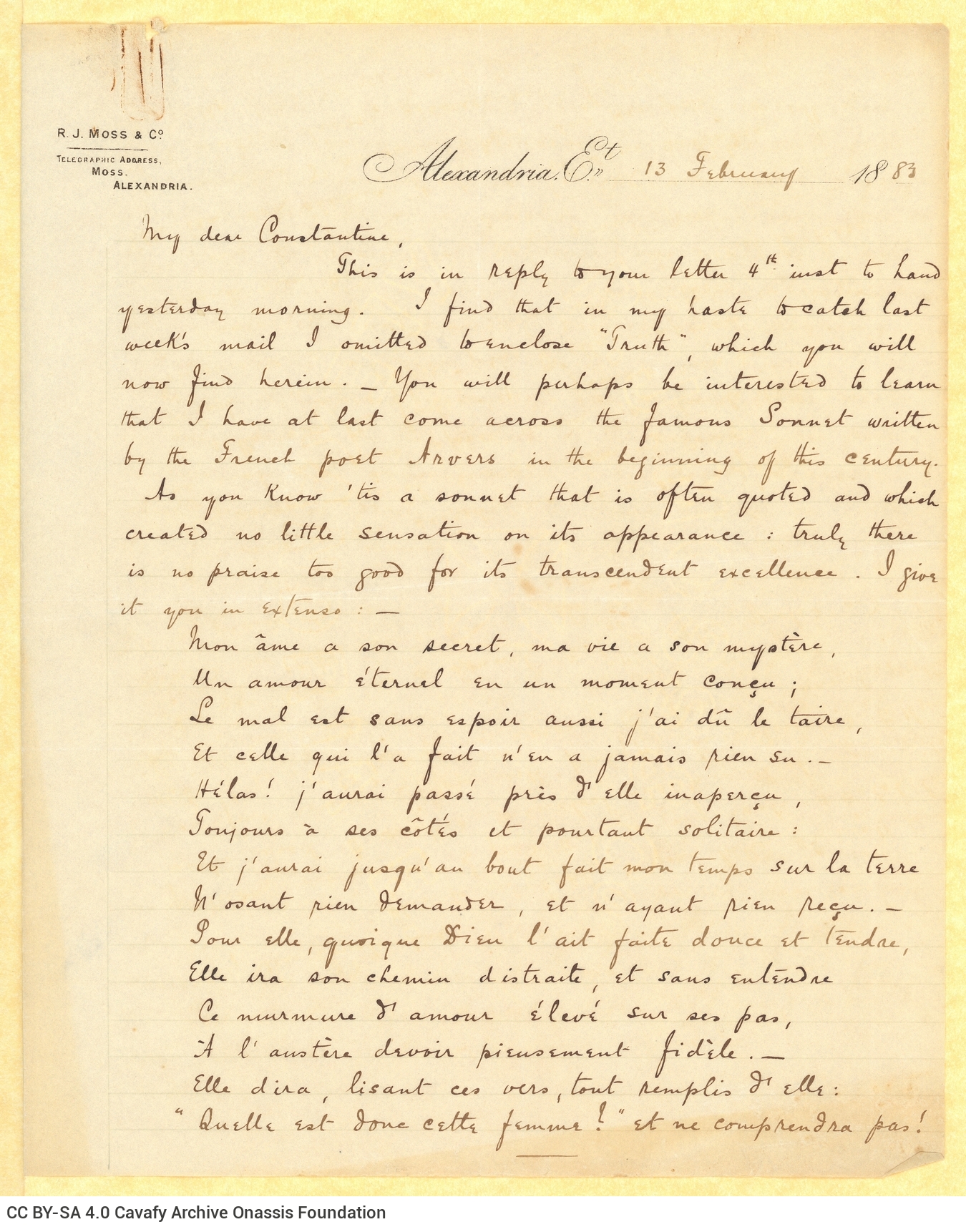 Handwritten letter by John Cavafy to C. P. Cavafy on the first and third pages of three double sheet letterheads of R. J. Mos