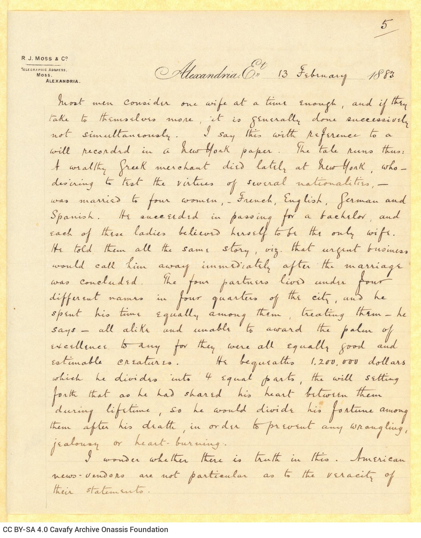 Handwritten letter by John Cavafy to C. P. Cavafy on the first and third pages of three double sheet letterheads of R. J. Mos