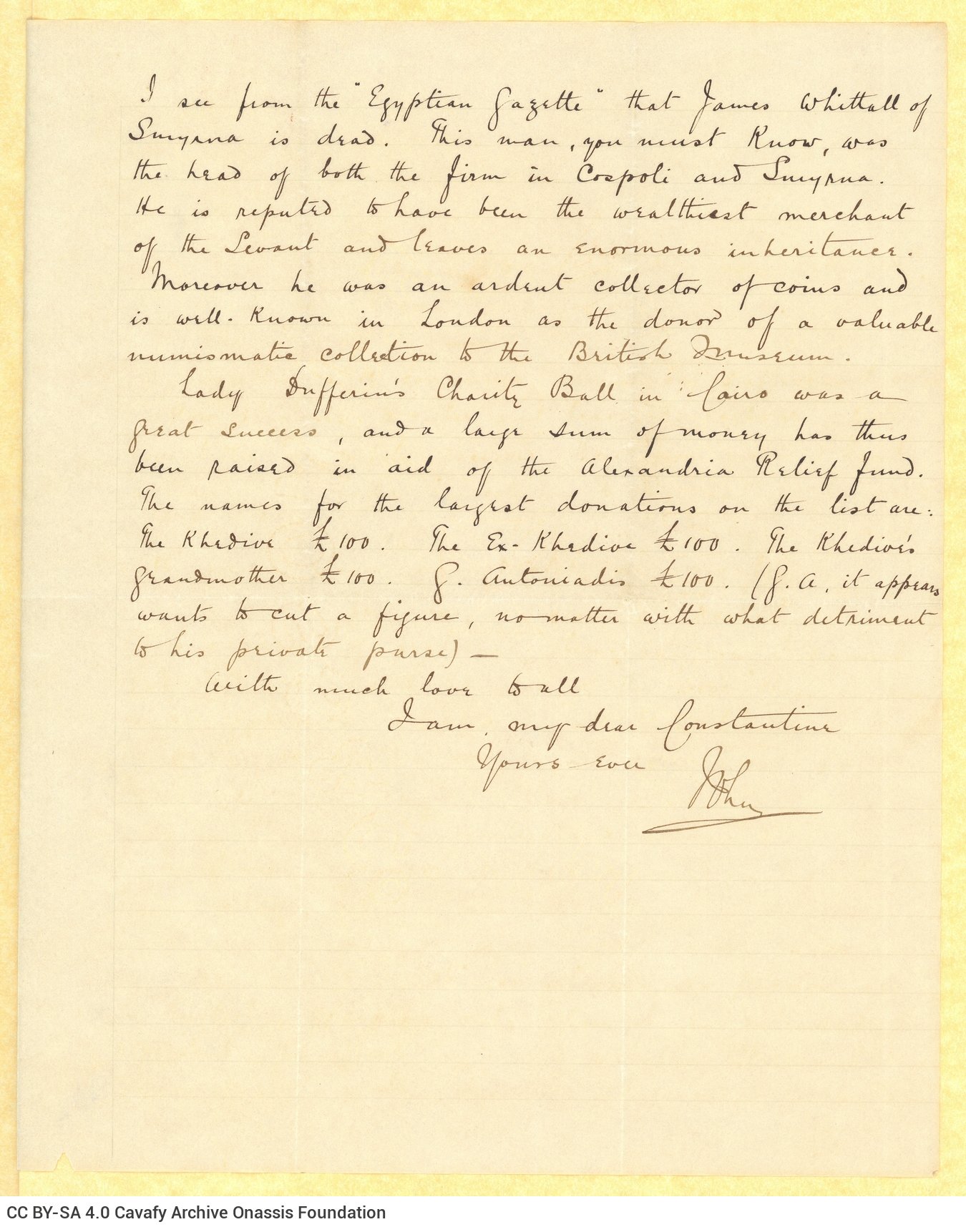 Handwritten letter by John Cavafy to C. P. Cavafy, on the first and third pages of a double sheet notepaper of R. J. Moss & C