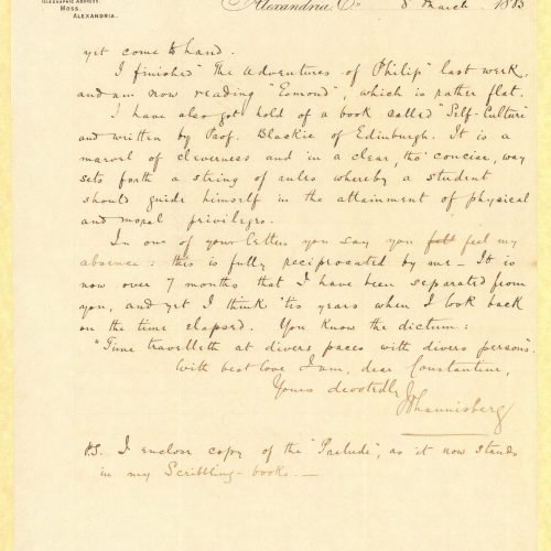 Handwritten letter by John Cavafy to C. P. Cavafy on the recto of two letterheads of R. J. Moss & Co., Alexandria. Everyday n