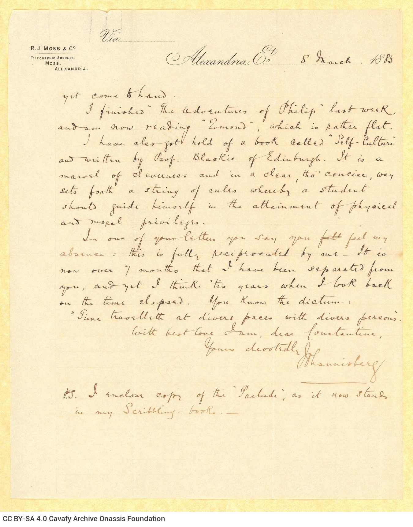 Χειρόγραφη επιστολή του Τζων Καβάφη προς τον Κ. Π. Καβάφη στο recto δύο �