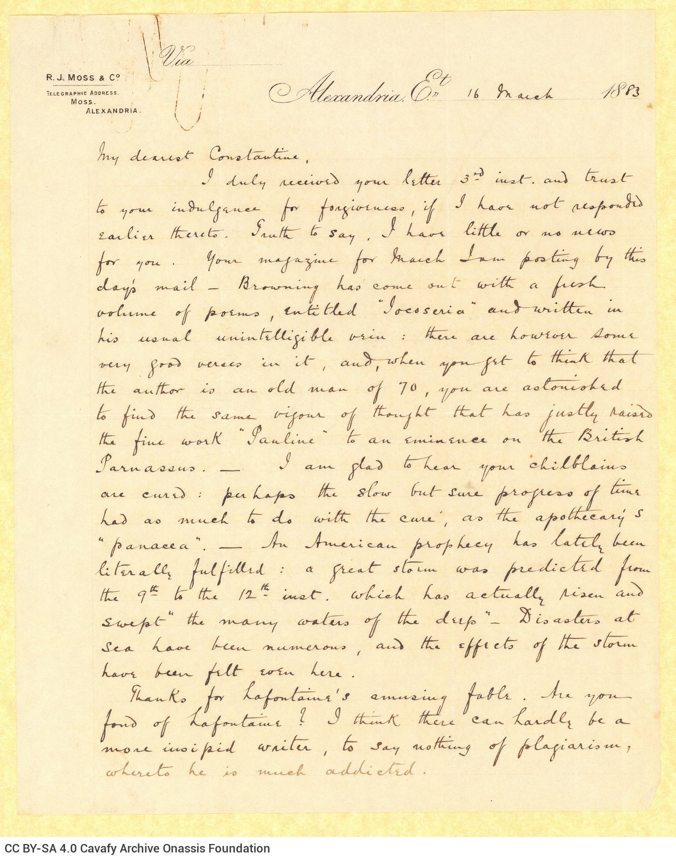 Χειρόγραφη επιστολή του Τζων Καβάφη προς τον Κ. Π. Καβάφη σε δύο φύλλ�