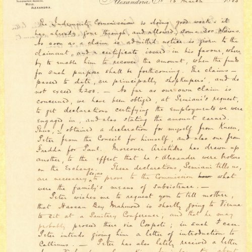 Handwritten letter by John Cavafy to C. P. Cavafy on two letterheads of R. J. Moss & Co., Alexandria. The second page is numb