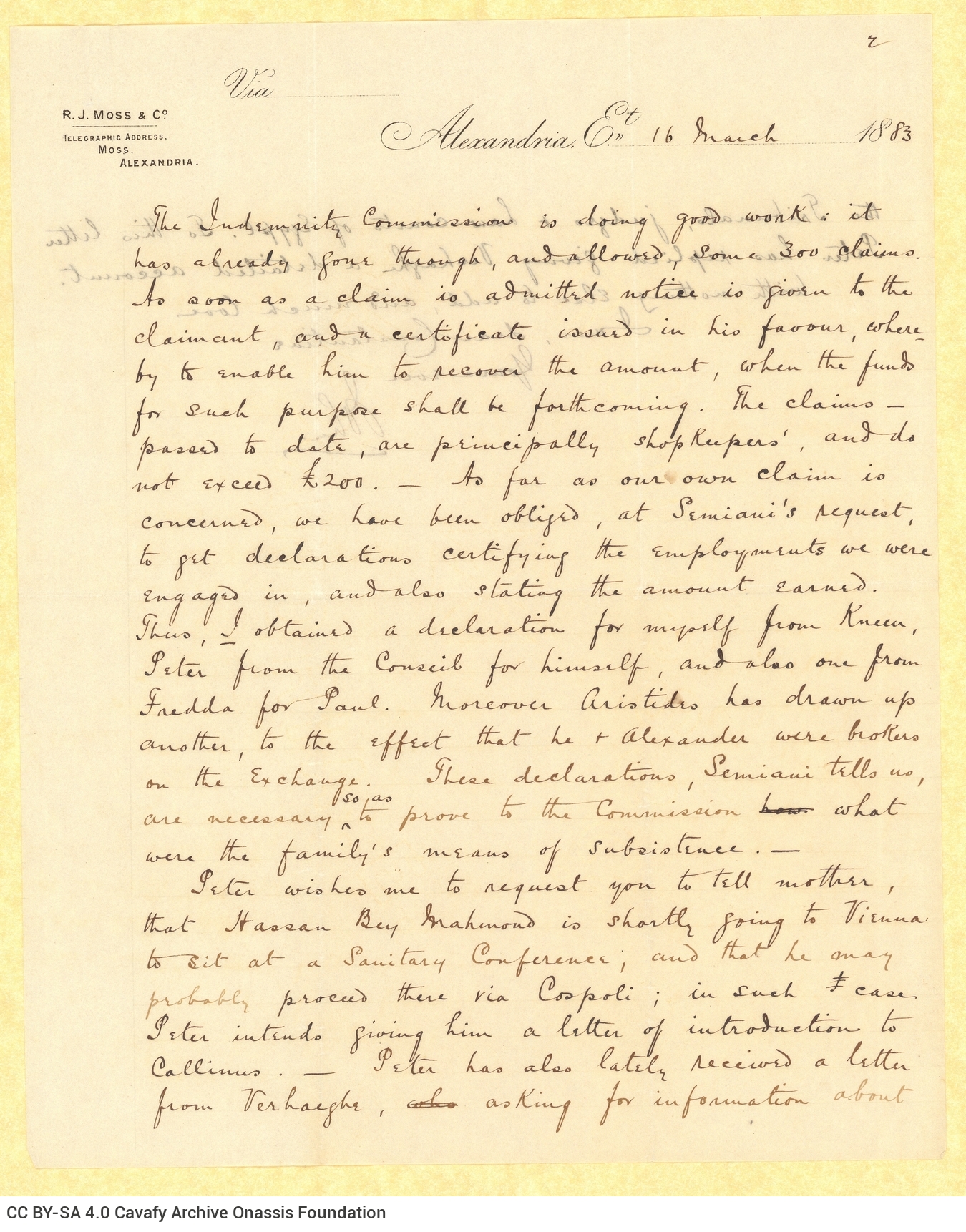 Handwritten letter by John Cavafy to C. P. Cavafy on two letterheads of R. J. Moss & Co., Alexandria. The second page is numb