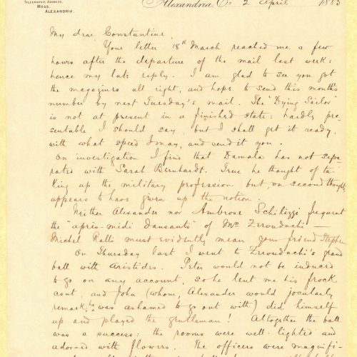 Handwritten letter by John Cavafy to C. P. Cavafy on the recto of three letterheads of R. J. Moss & Co., Alexandria. Pages 2 