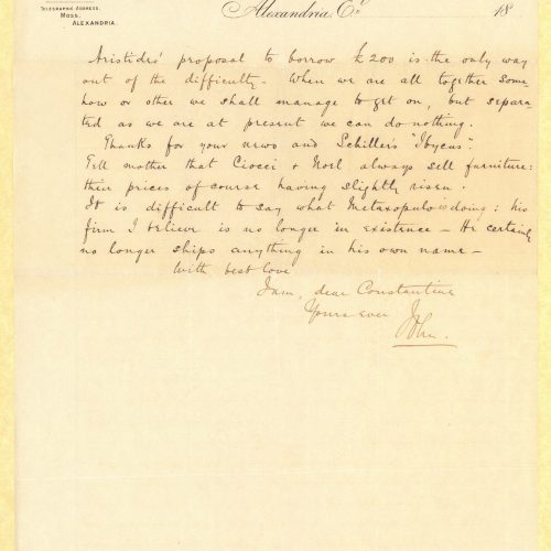 Handwritten letter by John Cavafy to C. P. Cavafy on the recto of three letterheads of R. J. Moss & Co., Alexandria. Pages 2 