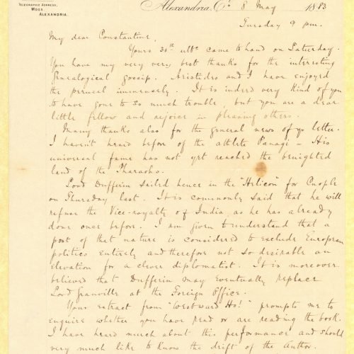Handwritten letter by John Cavafy to C. P. Cavafy, in the first and third pages of a double sheet letterhead of R. J. Moss & 