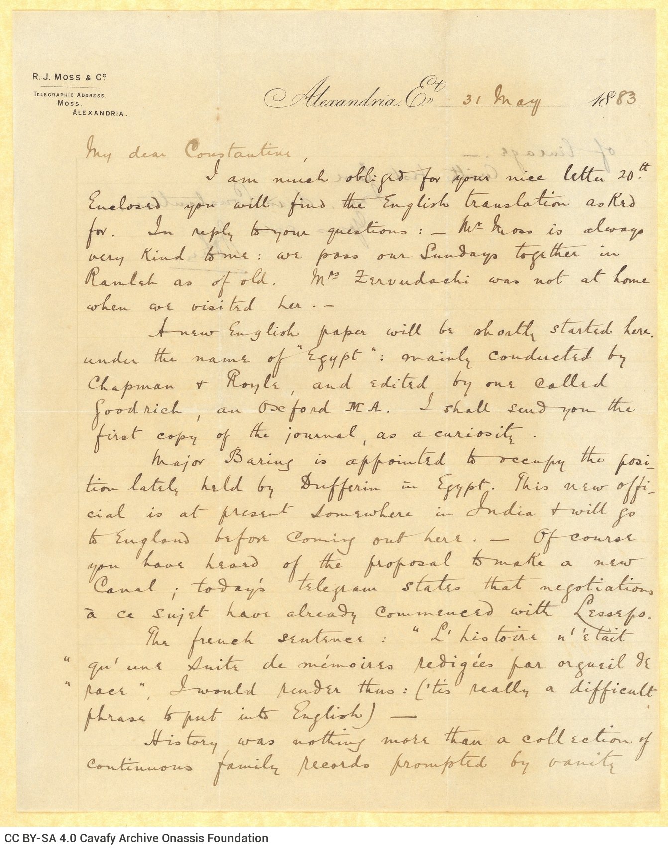 Handwritten letter by John Cavafy to C. P. Cavafy on both sides of a letterhead of R. J. Moss & Co., Alexandria. He announces