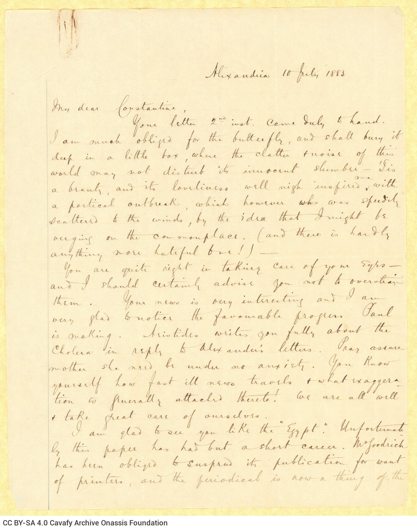 Χειρόγραφη επιστολή του Τζων Καβάφη προς τον Κ. Π. Καβάφη στη μία όψ