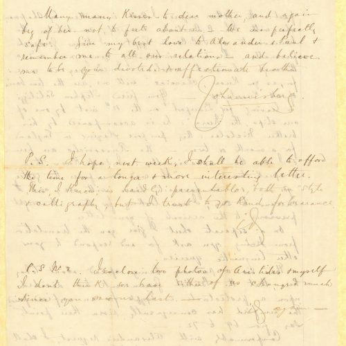 Handwritten letter by John Cavafy to C. P. Cavafy on one side of a sheet and on both sides of a second sheet. The author c