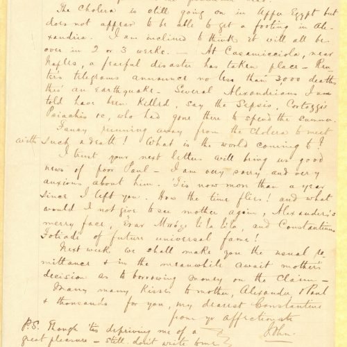 Handwritten letter by John Cavafy to C. P. Cavafy on the first and third pages of a double sheet letterhead of the R. J. Moss