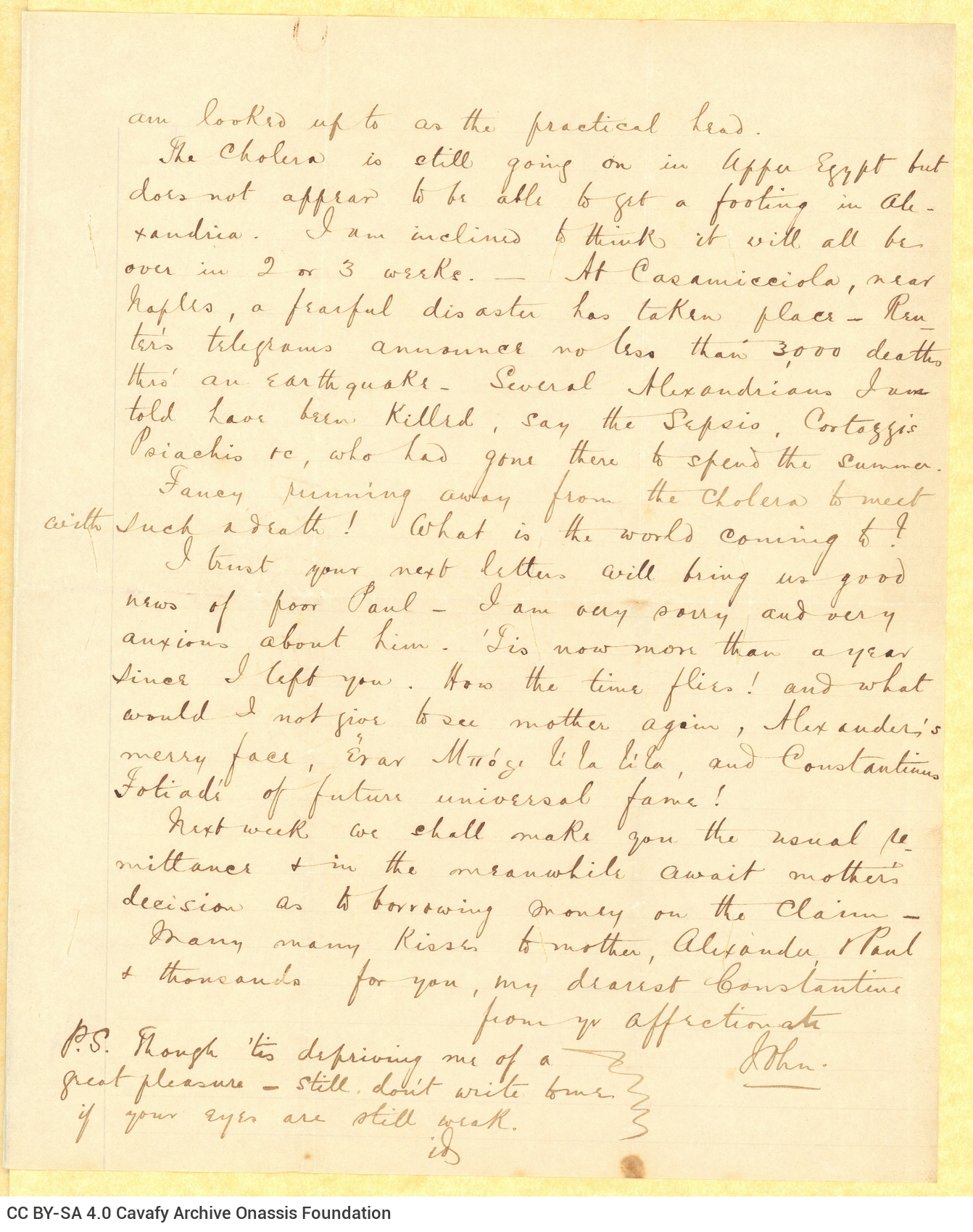 Handwritten letter by John Cavafy to C. P. Cavafy on the first and third pages of a double sheet letterhead of the R. J. Moss