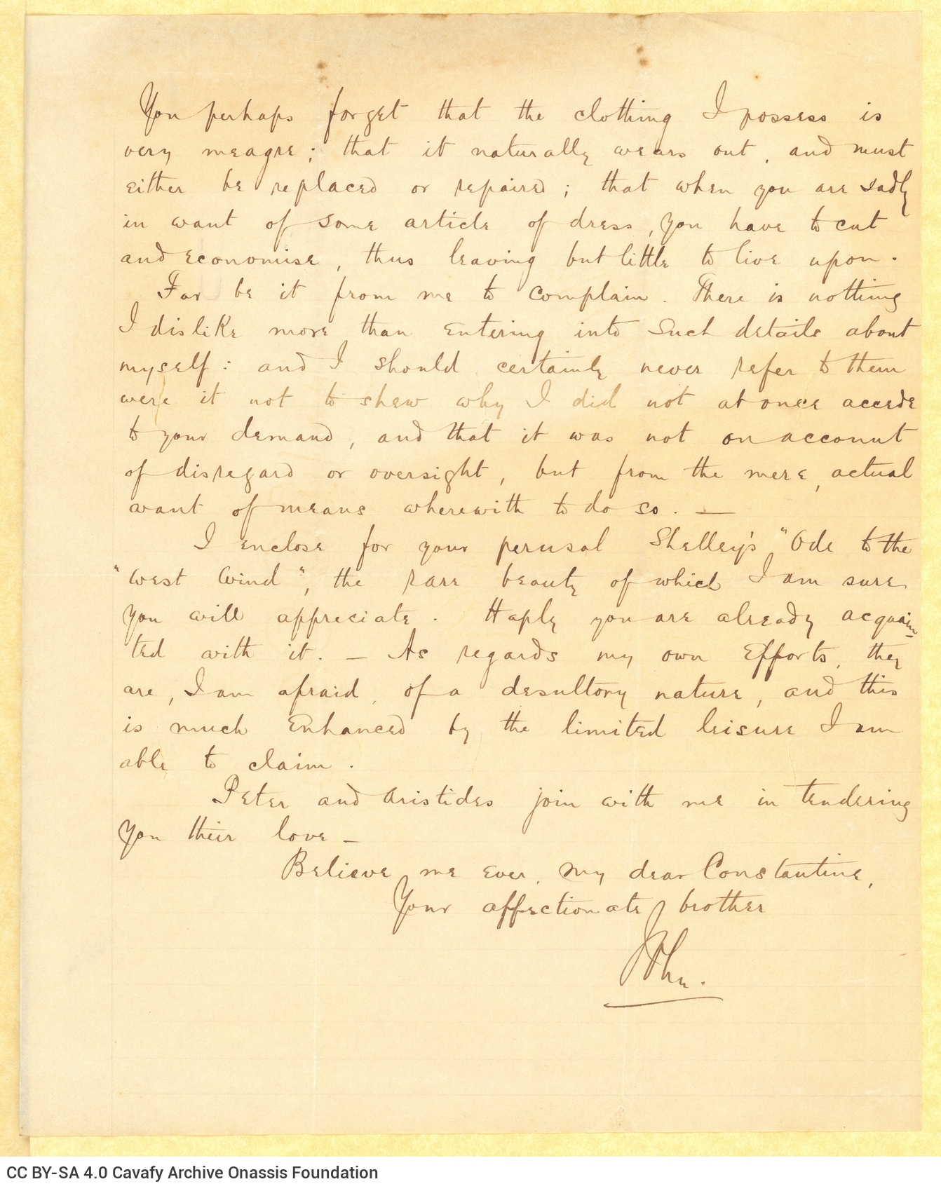 Handwritten letter by John Cavafy to C. P. Cavafy on the first and third pages of a double sheet letterhead of R. J. Moss & C