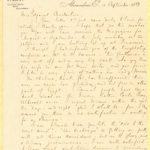 Handwritten letter by John Cavafy to C. P. Cavafy in the first and third pages of a double sheet letterhead of R. J. Moss & C