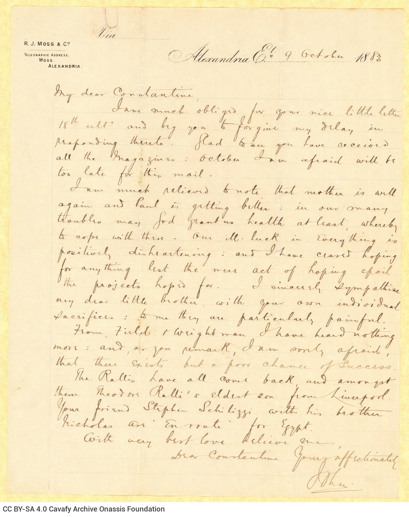 Handwritten letter by John Cavafy to C. P. Cavafy on the recto of a letterhead of R. J. Moss & Co., Alexandria. John refers t