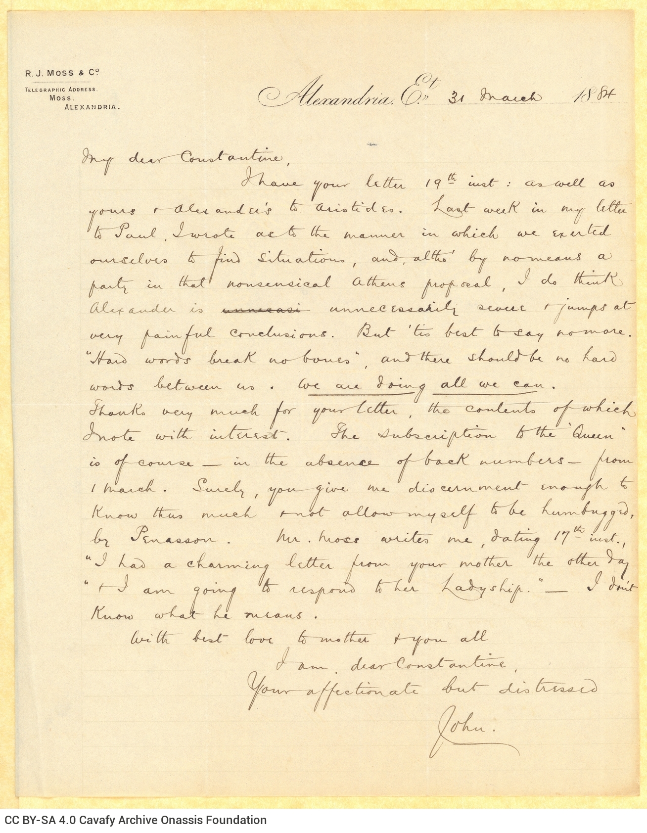 Handwritten letter by John Cavafy to C. P. Cavafy, on the first page of a double sheet letterhead of R. J. Moss & Co., Alexan