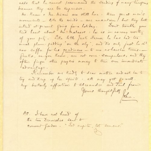 Handwritten letter by John Cavafy to C. P. Cavafy, on the first and third pages of a double sheet letterhead of R. J. Moss & 