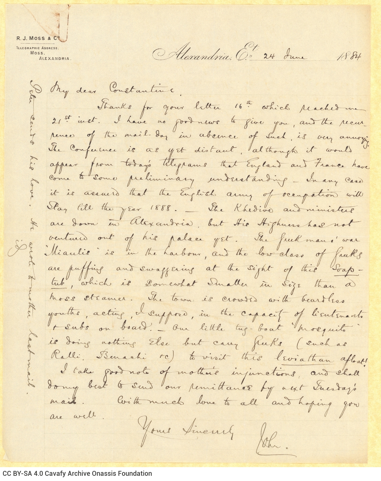 Handwritten letter by John Cavafy to C. P. Cavafy on one side of a letterhead of R. J. Moss & Co., Alexandria. Blank verso. C