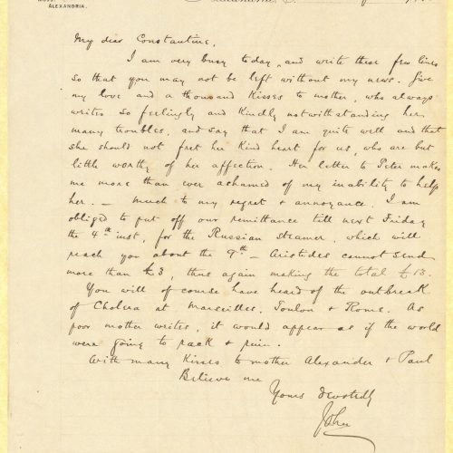Handwritten letter by John Cavafy to C. P. Cavafy on one side of a letterhead of R. J. Moss & Co., Alexandria. Blank verso. R