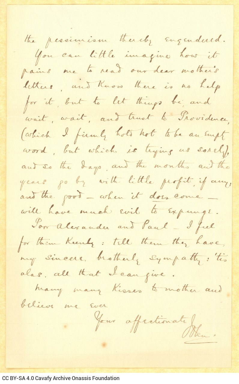 Χειρόγραφη επιστολή του Τζων Καβάφη προς τον Κ. Π. Καβάφη σε δύο μικ