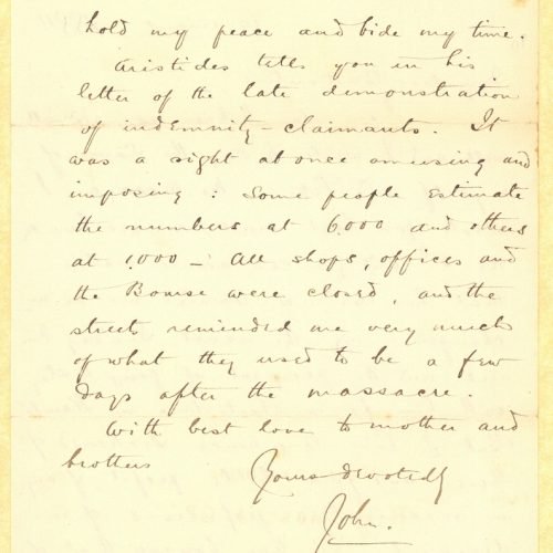 Handwritten letter by John Cavafy to C. P. Cavafy on both sides of a small letterhead of R. J. Moss & Co., Alexandria. John d