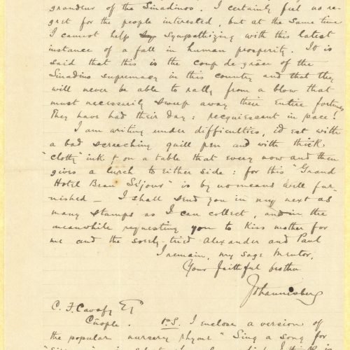 Handwritten letter by John Cavafy to C. P. Cavafy on the recto of three ruled sheets. Their verso is blank. Pages 2 and 3 