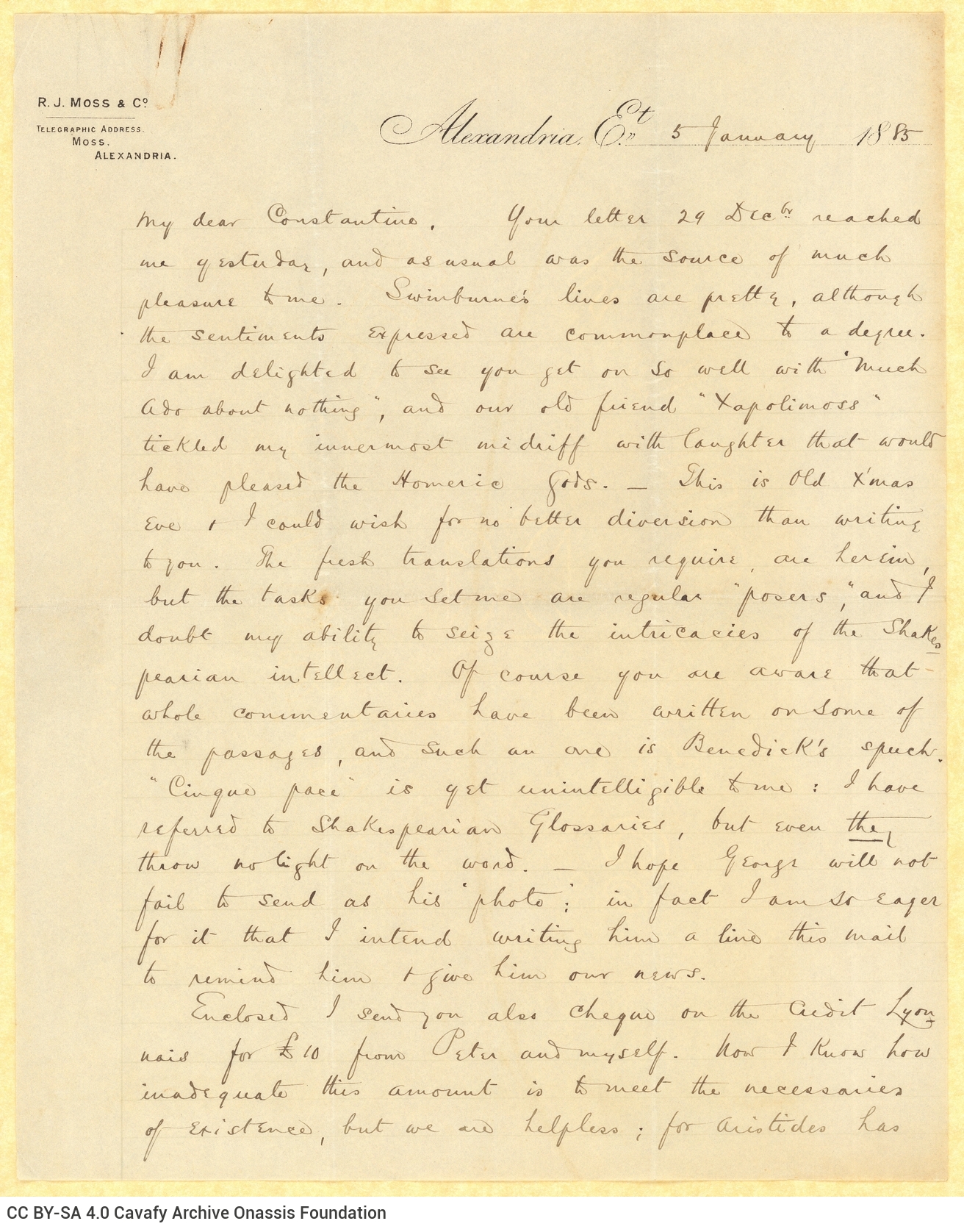 Handwritten letter by John Cavafy to C. P. Cavafy on the recto of a letterhead and on both sides of a second letterhead of R.
