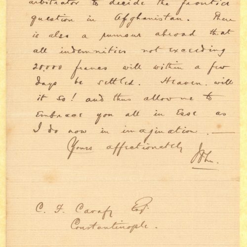 Handwritten letter by John Cavafy to C. P. Cavafy on one side of a paper, folded in a bifolio. Comments on the political s