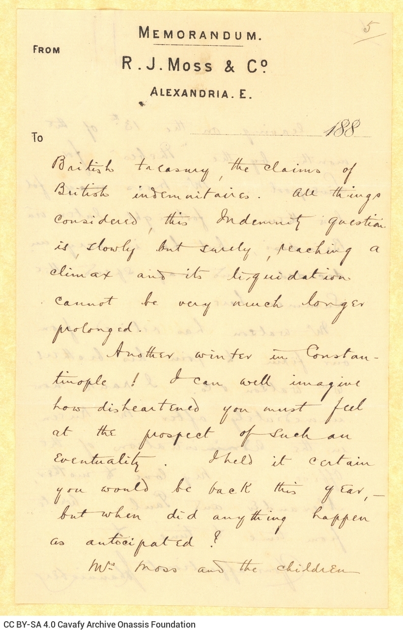 Χειρόγραφη επιστολή του Τζων Καβάφη προς τον Κ. Π. Καβάφη στις δύο όψ�