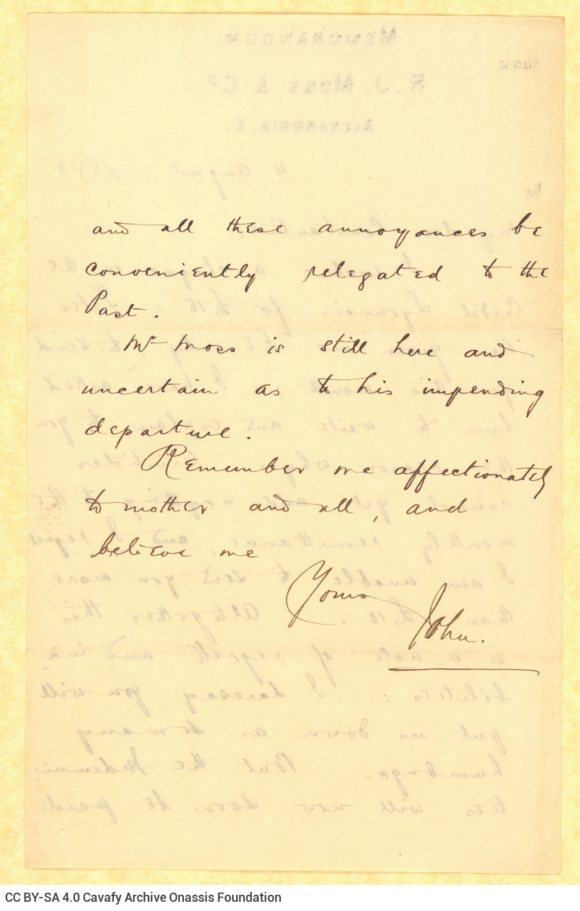 Handwritten letter by John Cavafy to C. P. Cavafy on both sides of a letterhead of R. J. Moss & Co., Alexandria. Financial ma