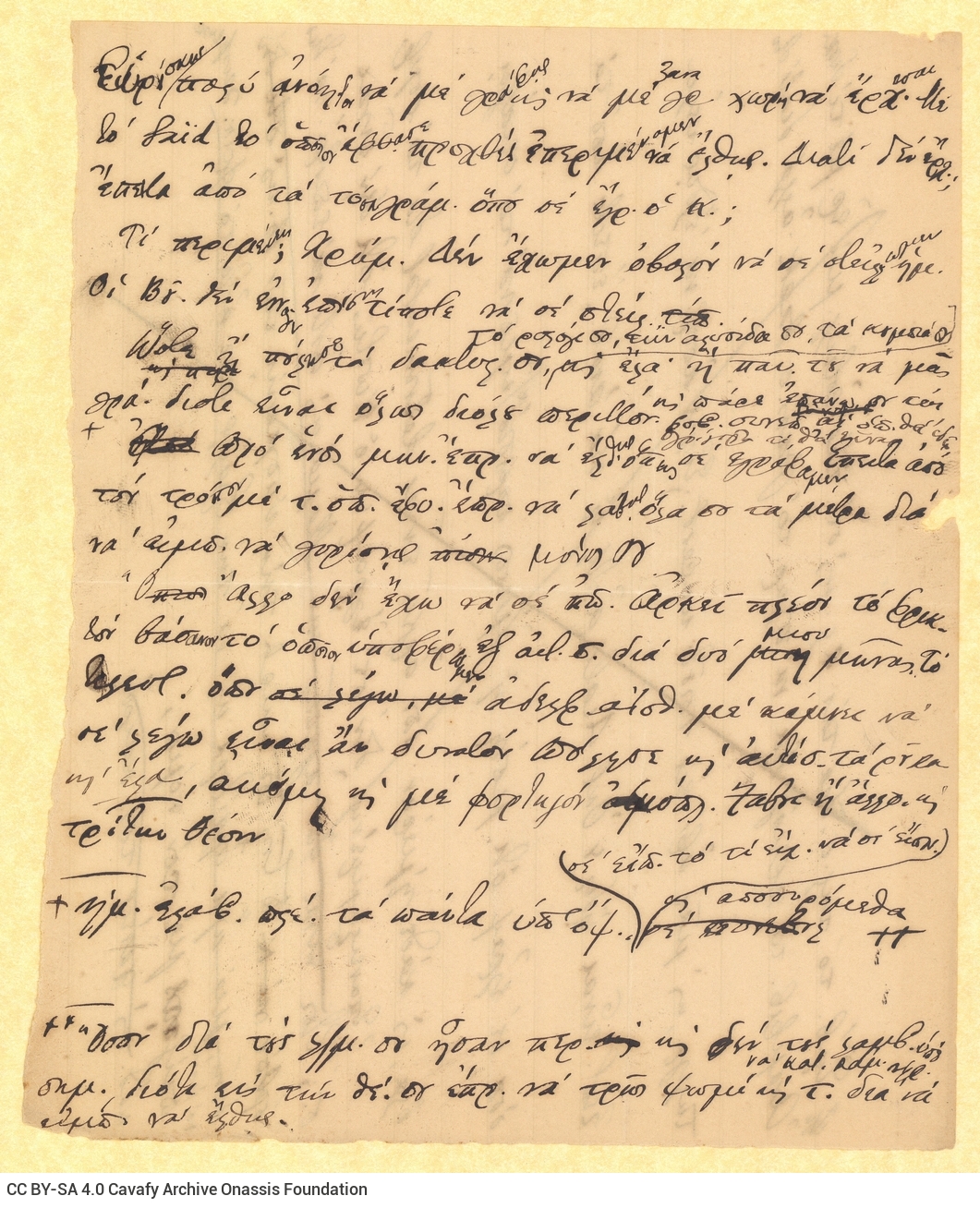 Fragment of a handwritten draft letter by C. P. Cavafy to his brother, Aristeidis, from the 1889 correspondence series, on bo