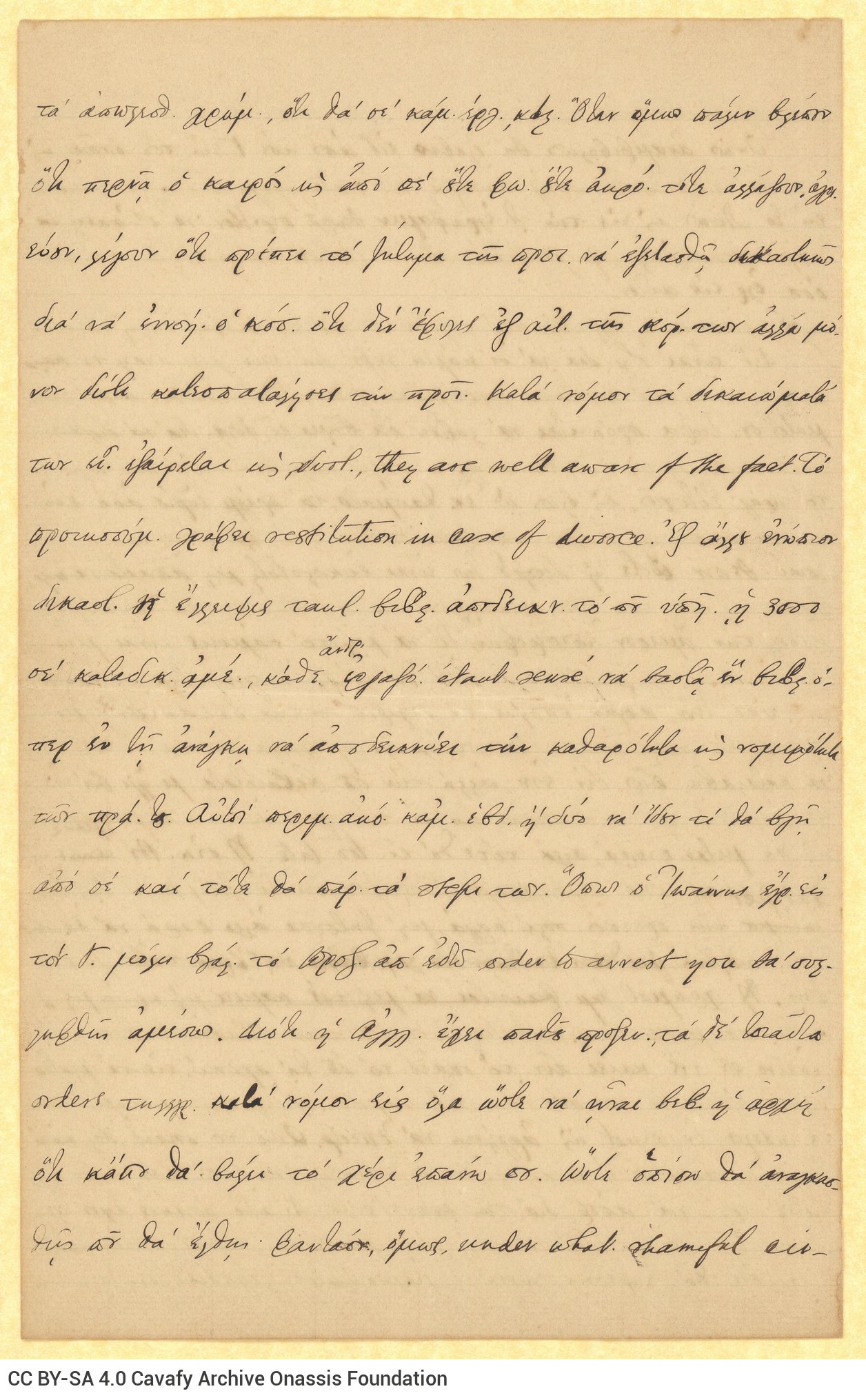Handwritten draft letter by C. P. Cavafy to his brother, Aristeidis, from the 1889 correspondence series, on both sides of tw