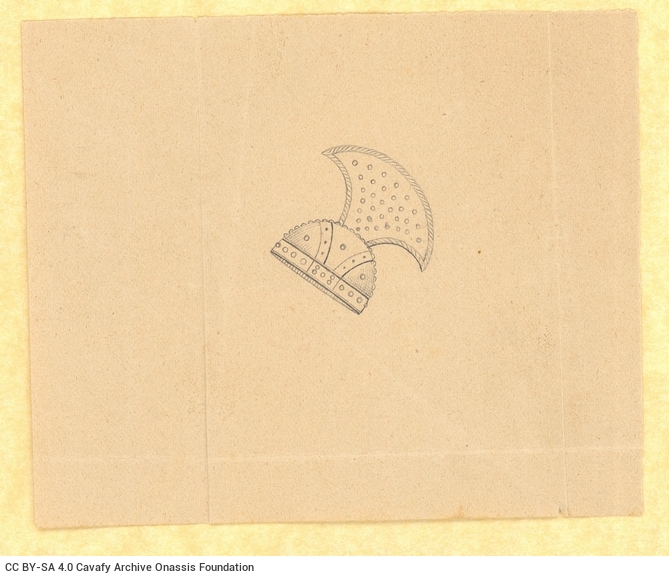 Three sketches on small-size pieces of paper, depicting a helmet, a cross and a bird. Also, clipping from an envelope with