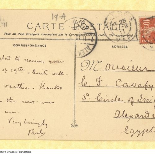 Handwritten note by Paul Cavafy to C. P. Cavafy from Hyères, France, on a postcard. Paul thanks him for the letter he receiv