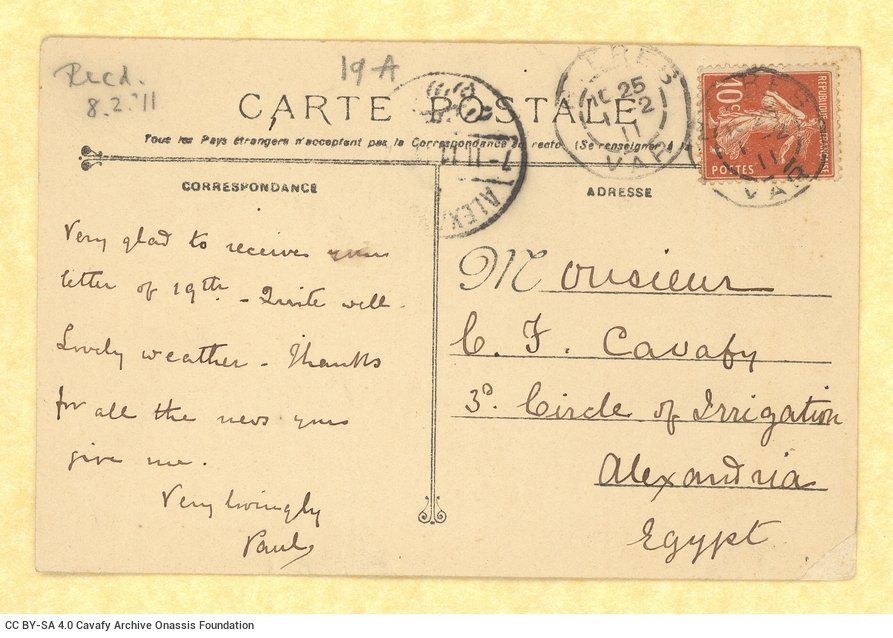 Handwritten note by Paul Cavafy to C. P. Cavafy from Hyères, France, on a postcard. Paul thanks him for the letter he receiv
