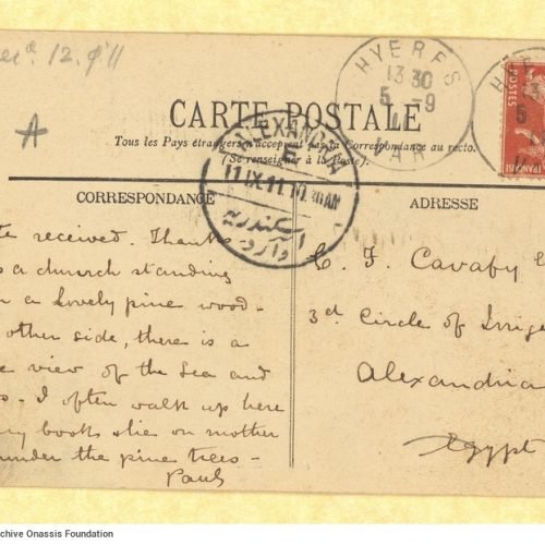 Handwritten note by Paul Cavafy to C. P. Cavafy from Hyères, France, on a postcard. He expresses thanks to C. P. Cavafy for 
