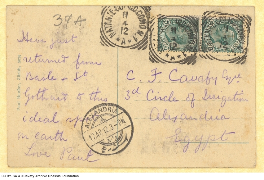 Handwritten note by Paul Cavafy to C. P. Cavafy from Italy, on a postcard. He informs him that he has returned to Como. The c