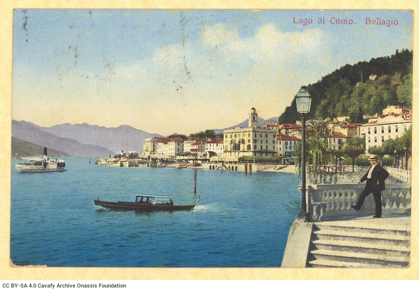 Handwritten note by Paul Cavafy to C. P. Cavafy from Italy, on a postcard. He informs him that he has returned to Como. The c