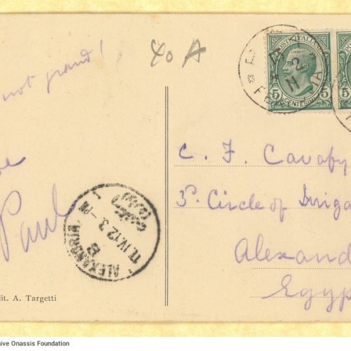 Handwritten note by Paul Cavafy to C. P. Cavafy from Italy, on a postcard. The card bears a postage stamp, mail service rubbe