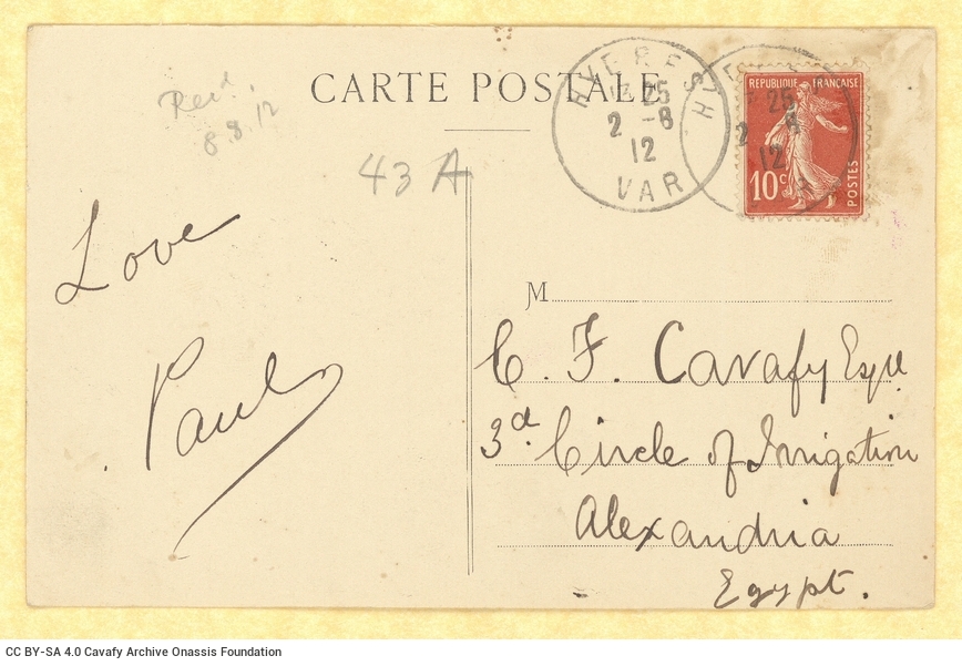 Handwritten note by Paul Cavafy to C. P. Cavafy from Hyères, France, on a postcard. The card bears a postage stamp and mail 