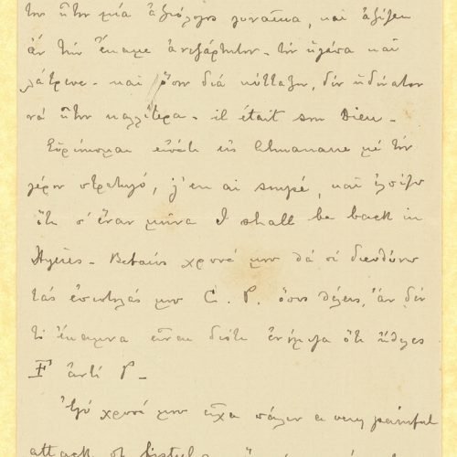 Handwritten letter by Paul Cavafy to C. P. Cavafy from Hyères, France, on three pages of a small-sized four-page leaflet. Pa