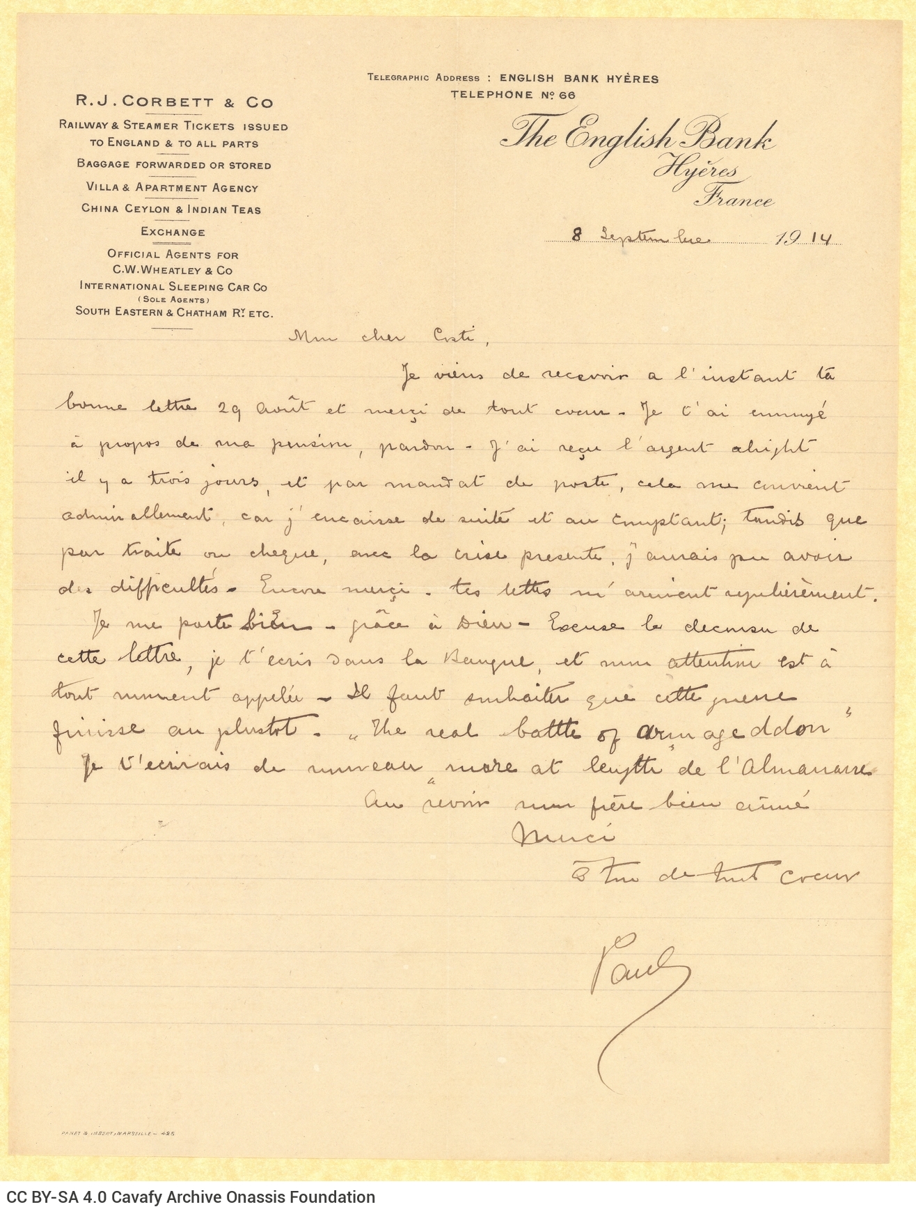 Handwritten letter by Paul Cavafy to C. P. Cavafy from Hyères, France, according to the letterhead. It is a reply to a lette