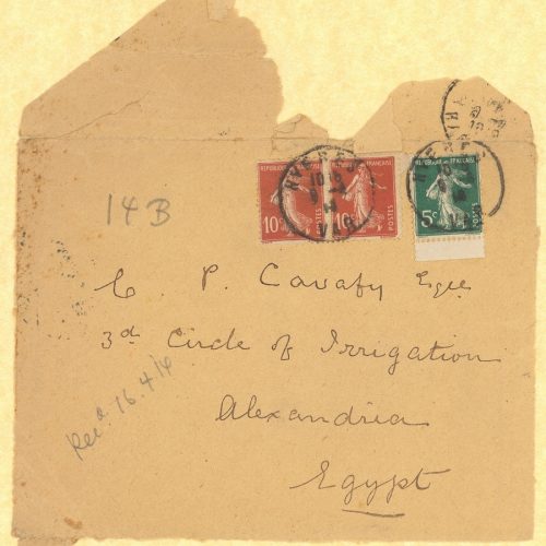 Envelopes and parts of envelopes with the details of the recipient C. P. Cavafy (approximately 75). The items bear postage st