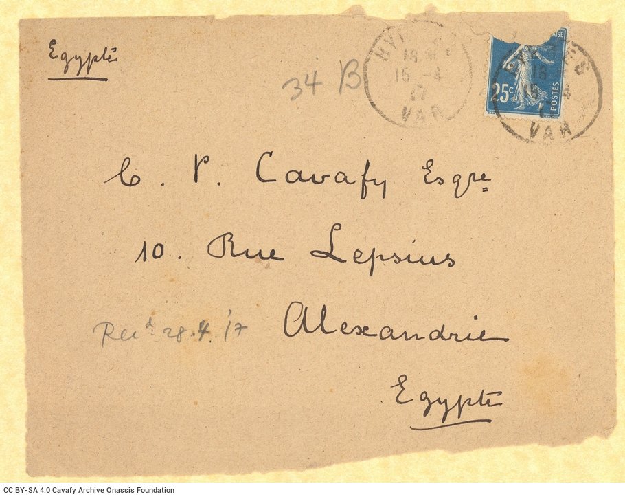 Envelopes and parts of envelopes with the details of the recipient C. P. Cavafy (approximately 75). The items bear postage st